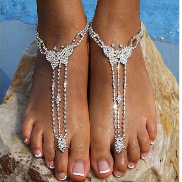 Silver and Diamond Austrian Crystal Butterfly Anklet Foot Chains - Set of 2 - Picture 3 of 6